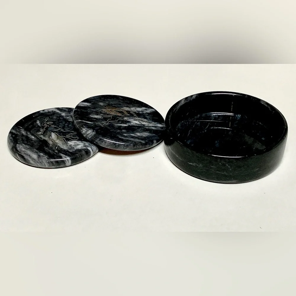 Vintage Executive Set of 2 Black Marble MOBIL Pegasus Logo Drink Coasters